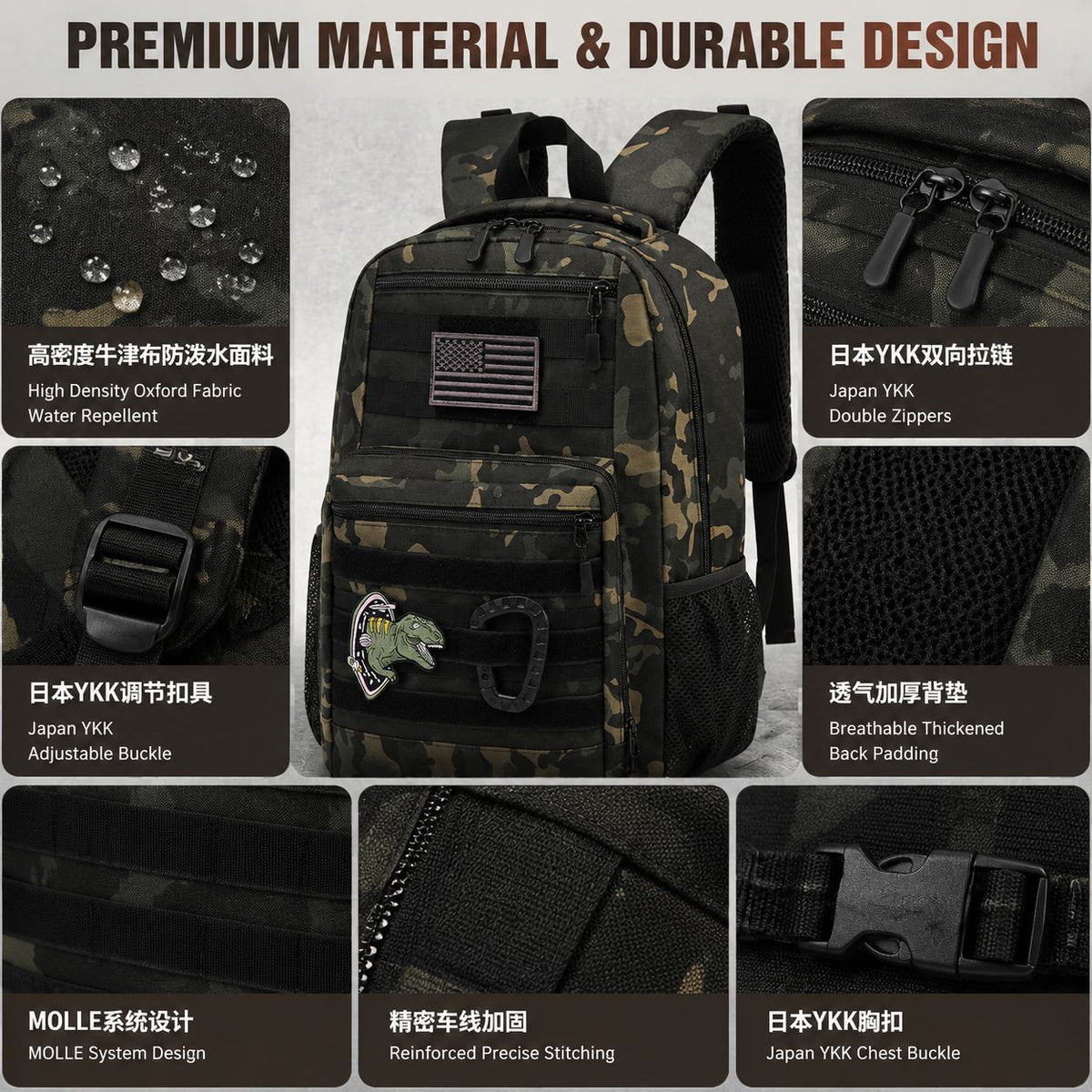 Camo Camping Backpack - Multi-Pocket Waterproof Wear-Resistant Outdoor Gear Pack