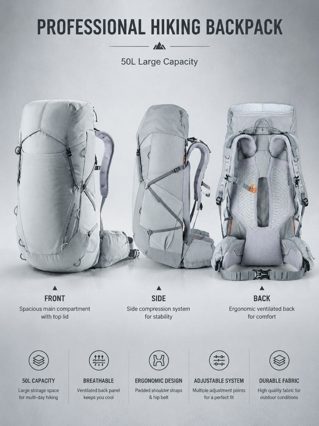 50L Oxford Hiking Backpack - Large Capacity Lightweight Water-Repellent Travel Trekking Pack
