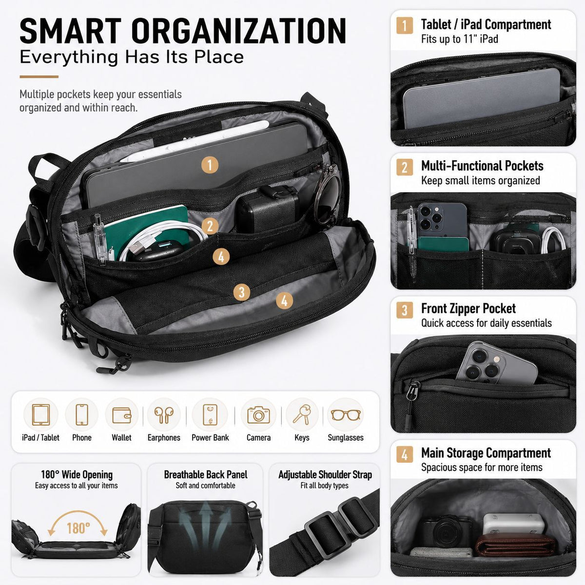 Men's Lightweight Commuter Sling Bag - Customizable Simple Casual Travel Crossbody Waist Pack