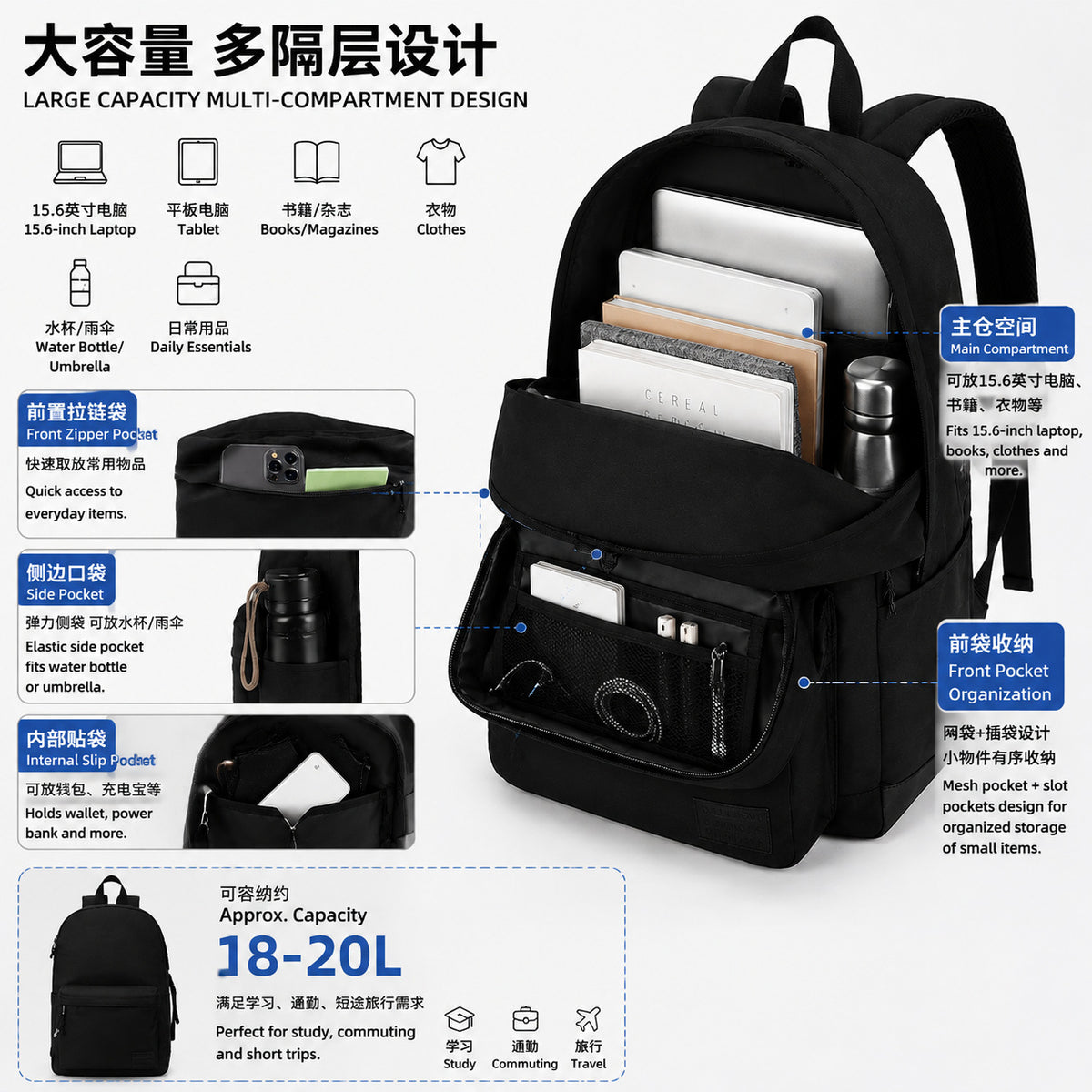 College Student Travel Backpack - Large Capacity Waterproof Breathable Commuter Weekend Daypack