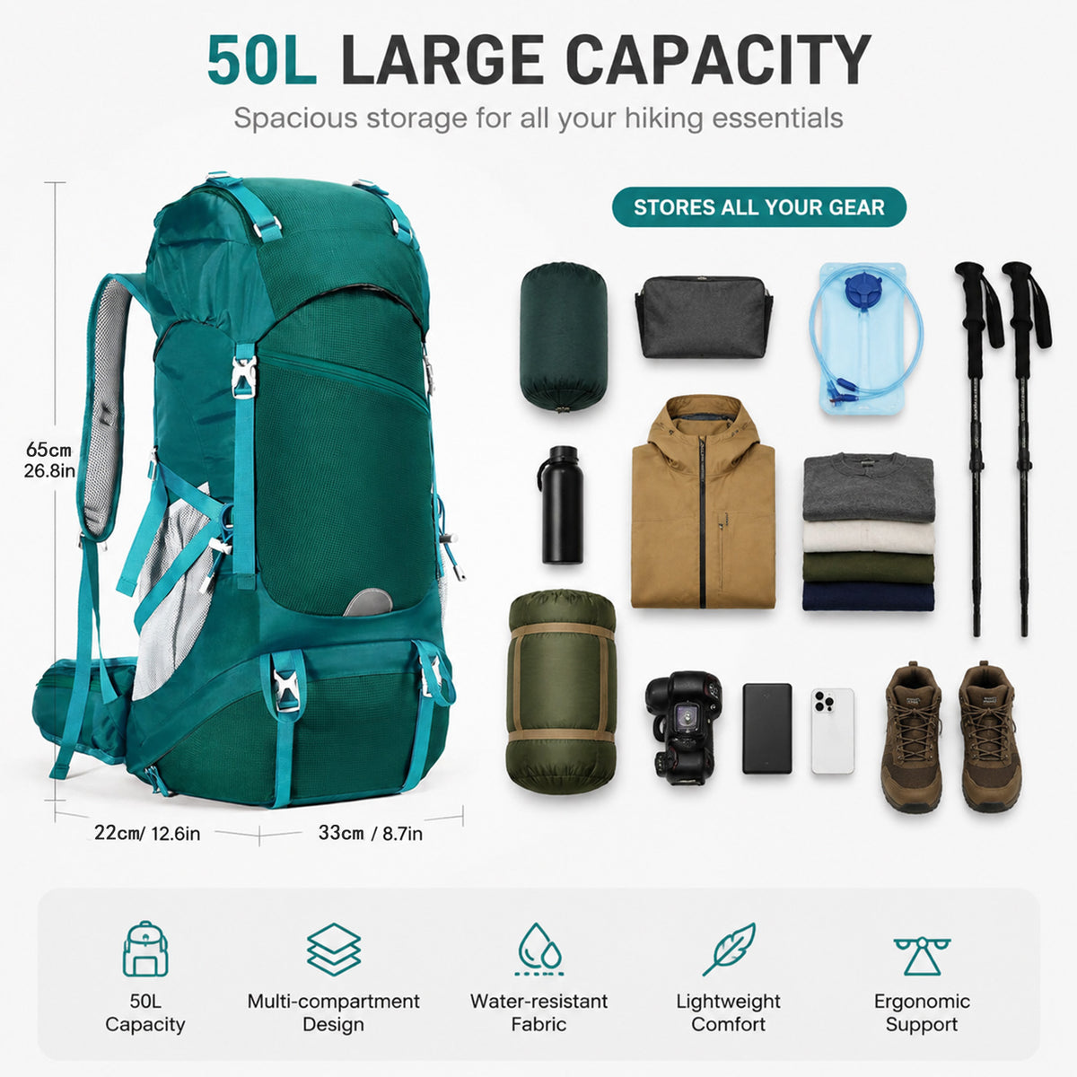 50L Lightweight Hiking Backpack - Waterproof Breathable Wear-Resistant Load-Reducing Camping Travel Pack