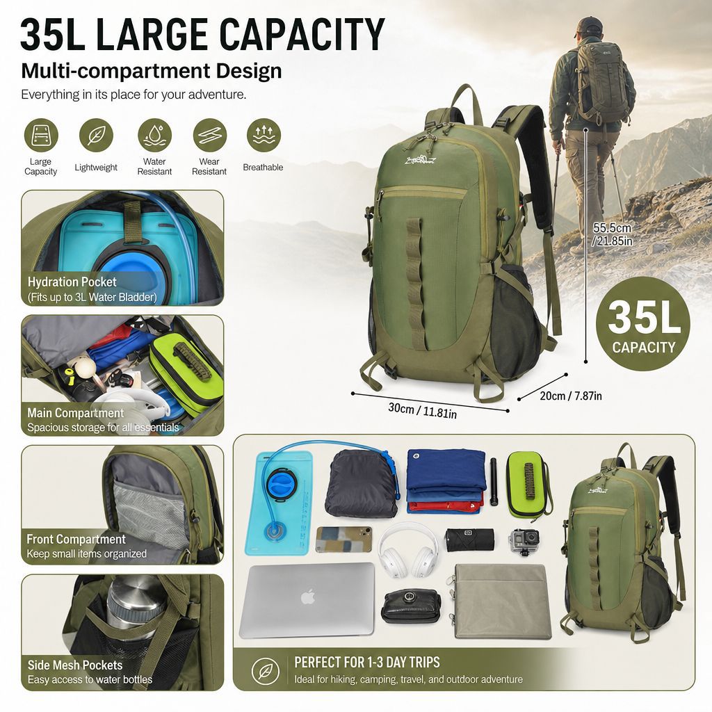 35L Ultralight Hiking Backpack - Waterproof Breathable with Rain Cover Outdoor Travel Daypack