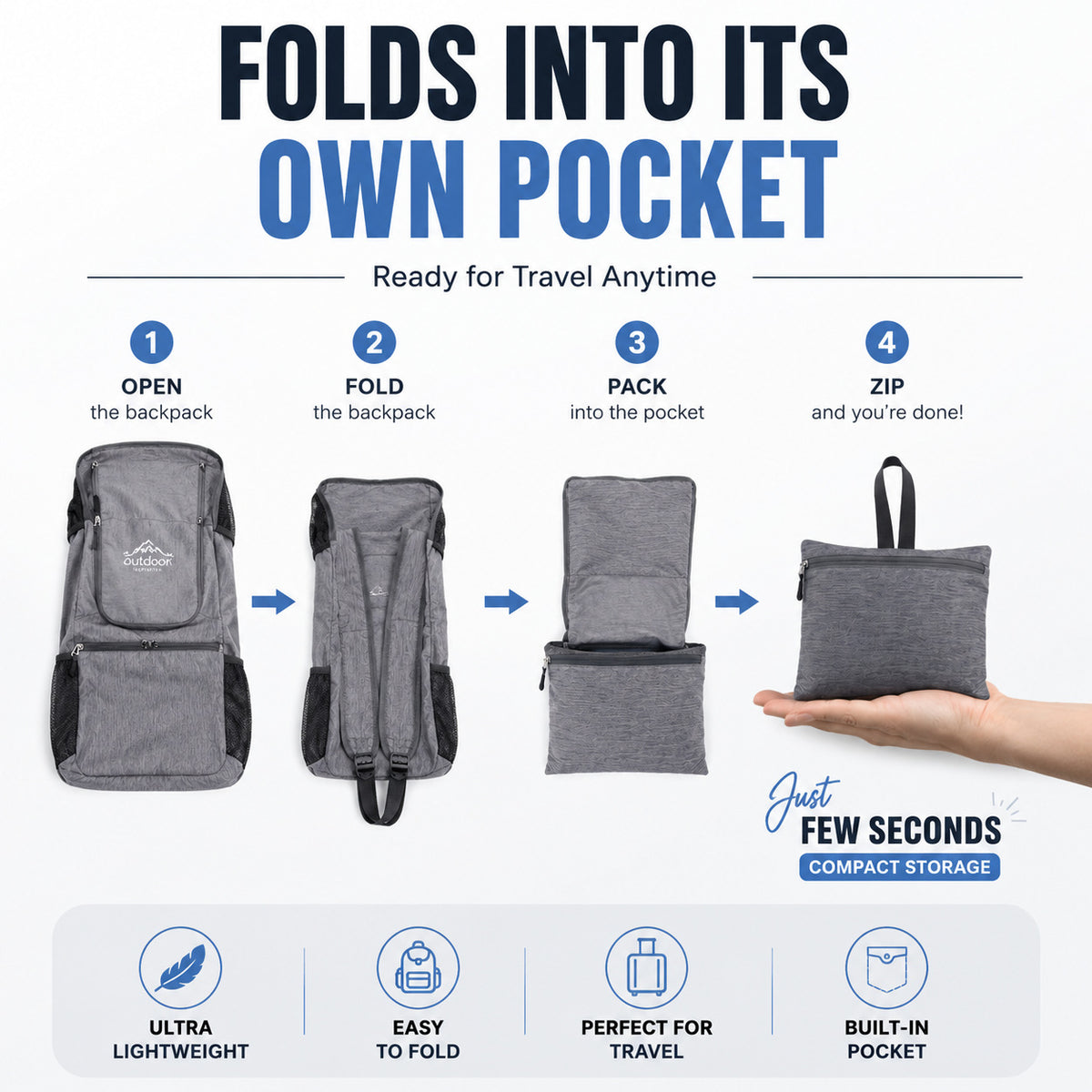 Foldable Travel Backpack - Lightweight Waterproof Unisex Outdoor Hiking Trekking Daypack