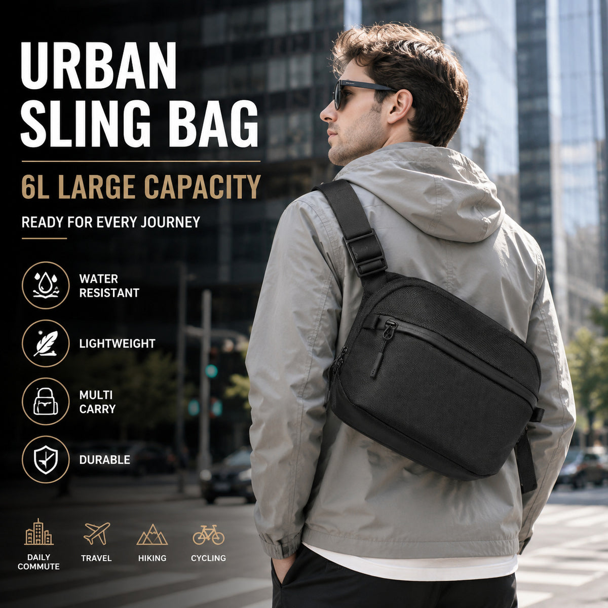 Men's Lightweight Commuter Sling Bag - Customizable Simple Casual Travel Crossbody Waist Pack
