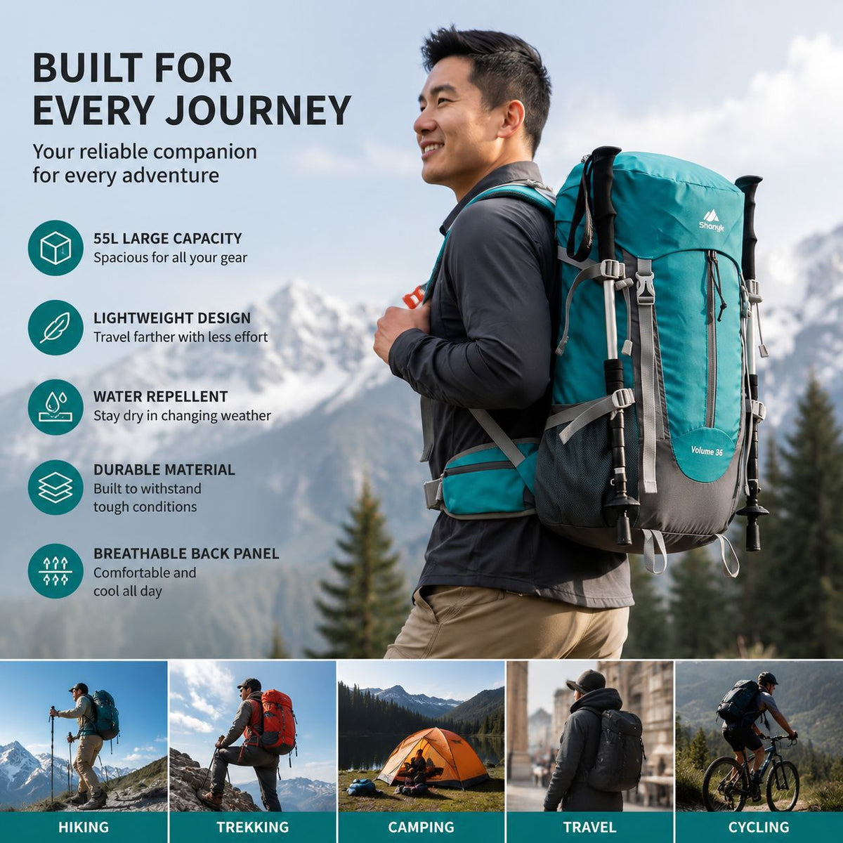 Hiking Backpack 55L - Curved Shoulder Strap Waterproof Lightweight Travel Mountaineering Pack