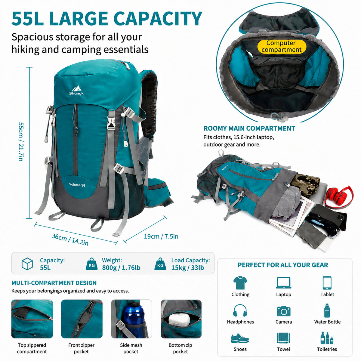 Hiking Backpack 55L - Curved Shoulder Strap Waterproof Lightweight Travel Mountaineering Pack