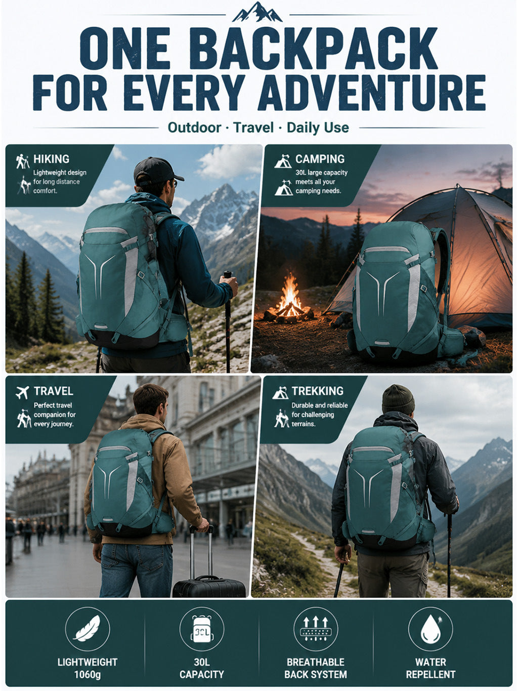30L Lightweight Hiking Backpack - Waterproof Travel Leisure Sports Large Capacity Unisex Daypack