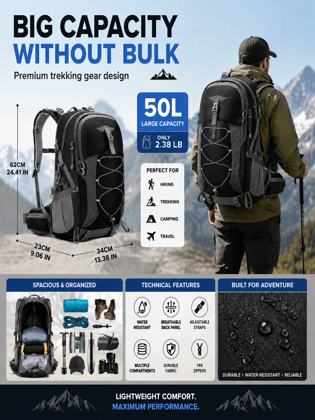 50L Hiking Backpack - Waterproof Lightweight with Rain Cover Camping Travel Mountaineering Daypack