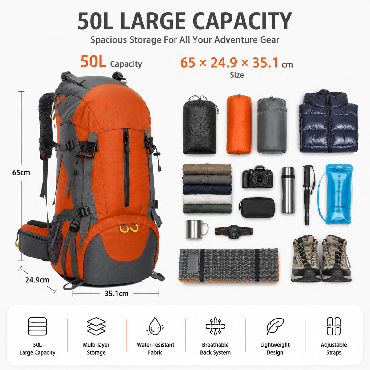 50L Trekking Backpack - Lightweight Waterproof Breathable with Rain Cover Camping Travel Hiking Pack