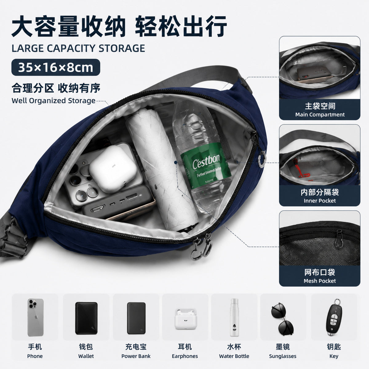 Outdoor Sling Waist Pack - Water-Resistant Tear-Resistant Hiking Cycling Running Belt Bag
