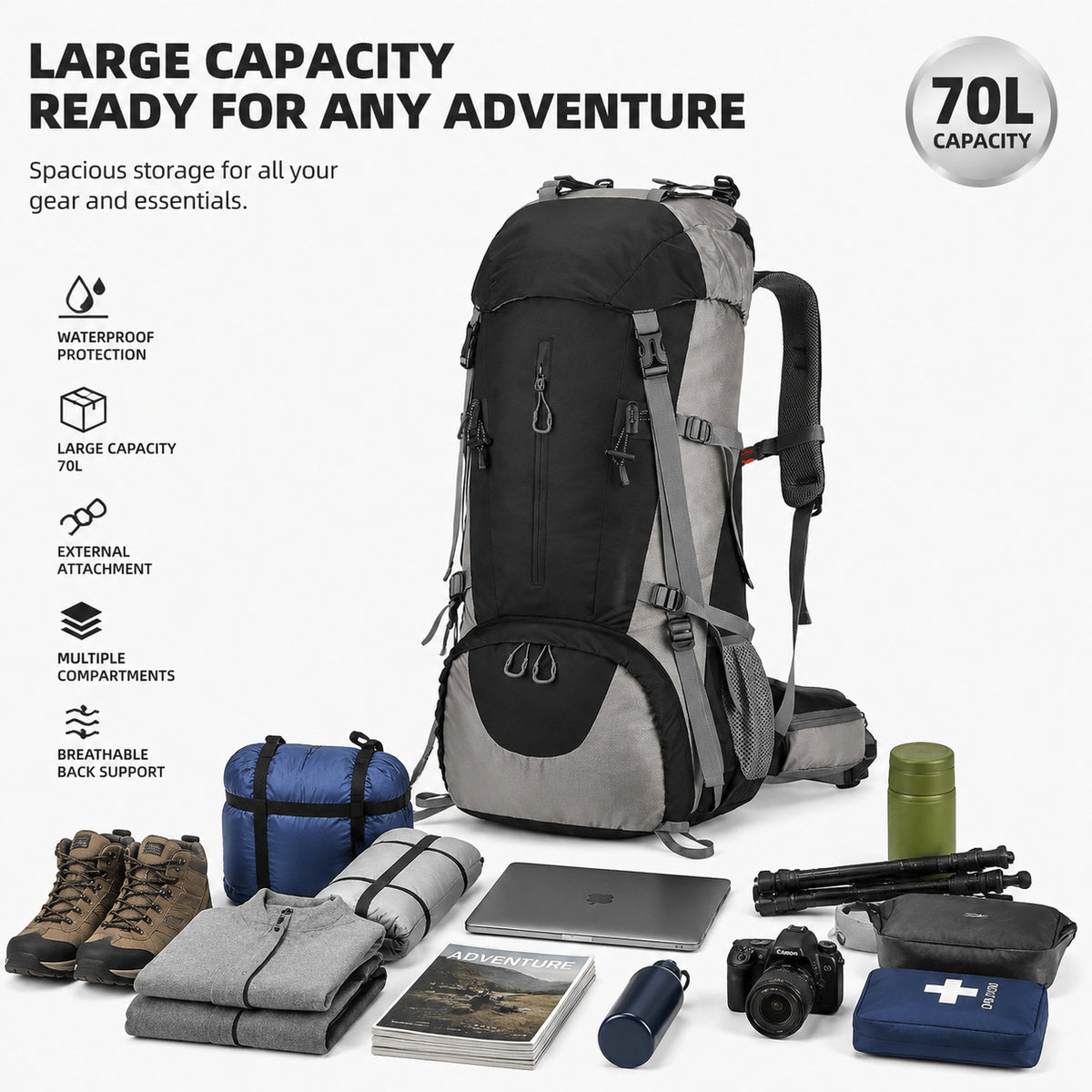 Heavy Duty Trekking Backpack 70L - Lightweight Waterproof with Rain Cover