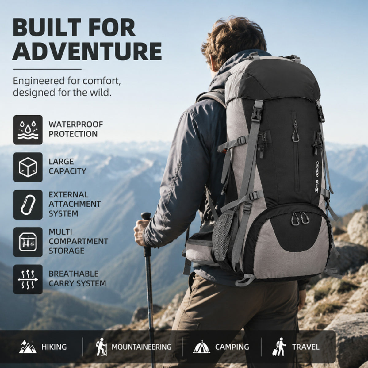 70L heavy duty trekking backpack with rain cover