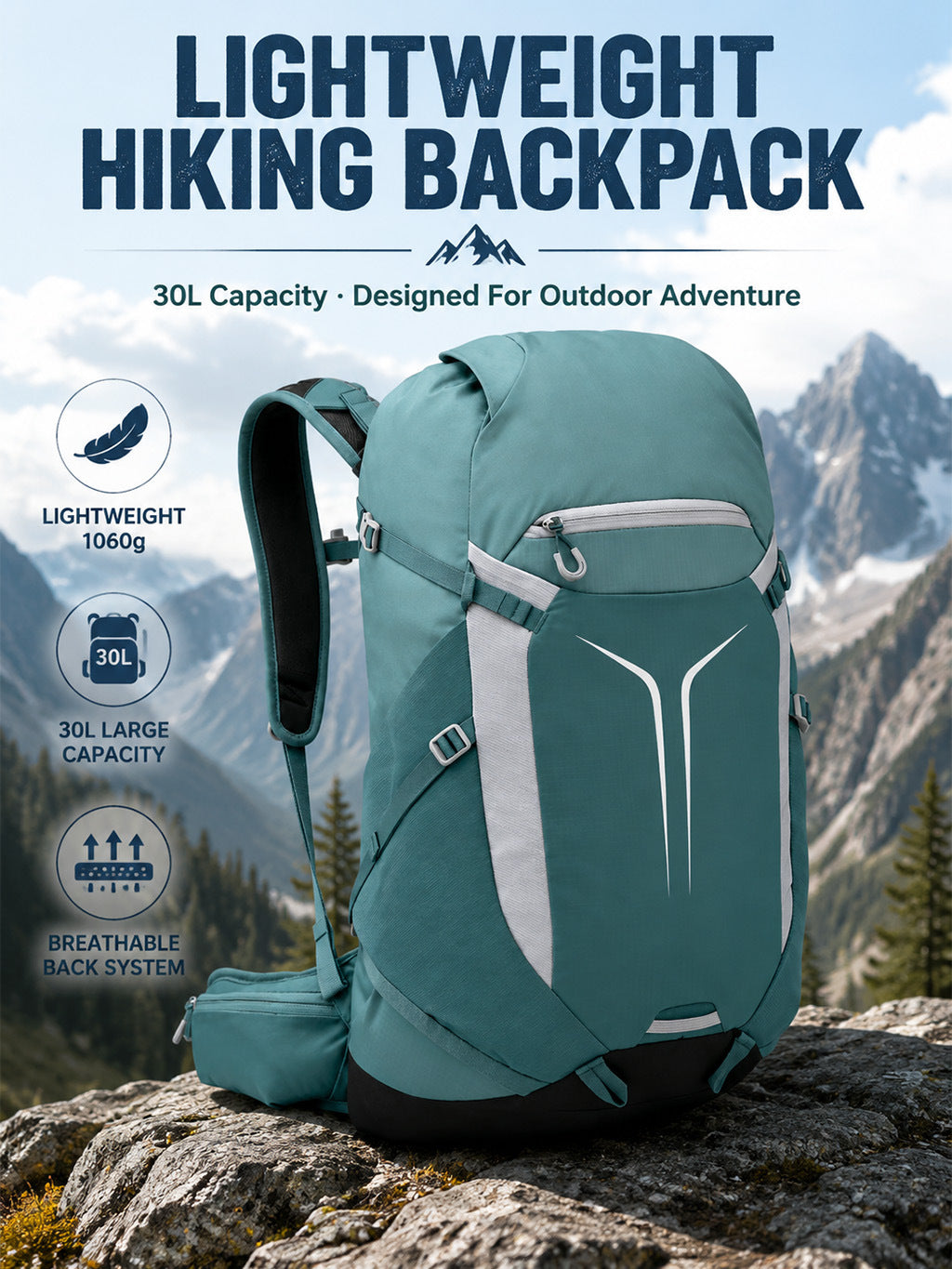 30L Lightweight Hiking Backpack - Waterproof Travel Leisure Sports Large Capacity Unisex Daypack