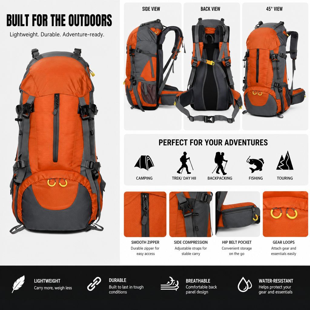 50L Trekking Backpack - Lightweight Waterproof Breathable with Rain Cover Camping Travel Hiking Pack