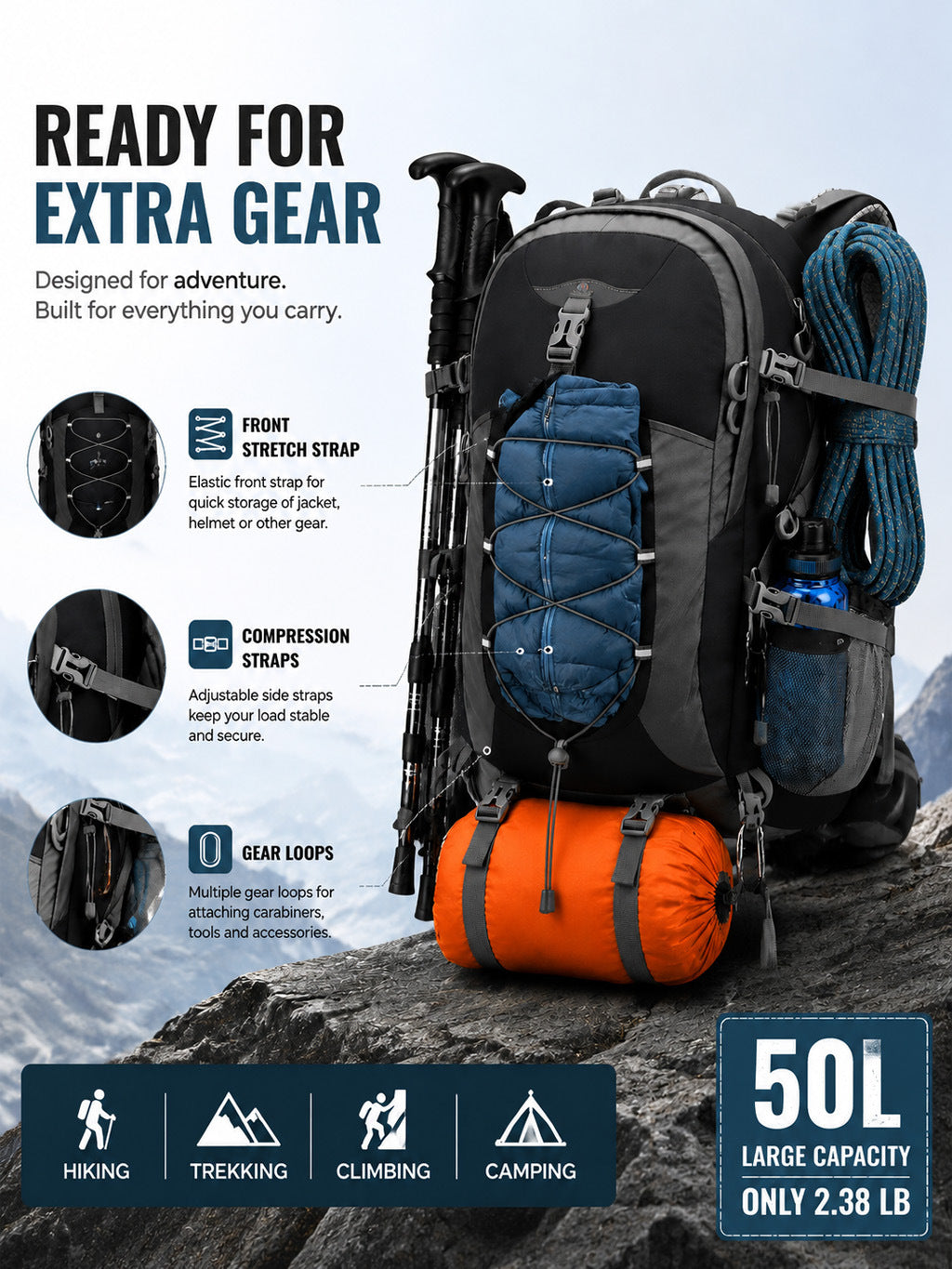 50L Hiking Backpack - Waterproof Lightweight with Rain Cover Camping Travel Mountaineering Daypack