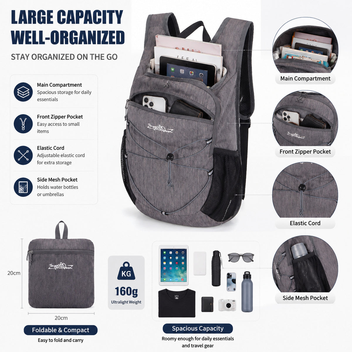 20L Water-Repellent Ultralight Hiking Backpack - Sports Waterproof Breathable Cycling Daypack