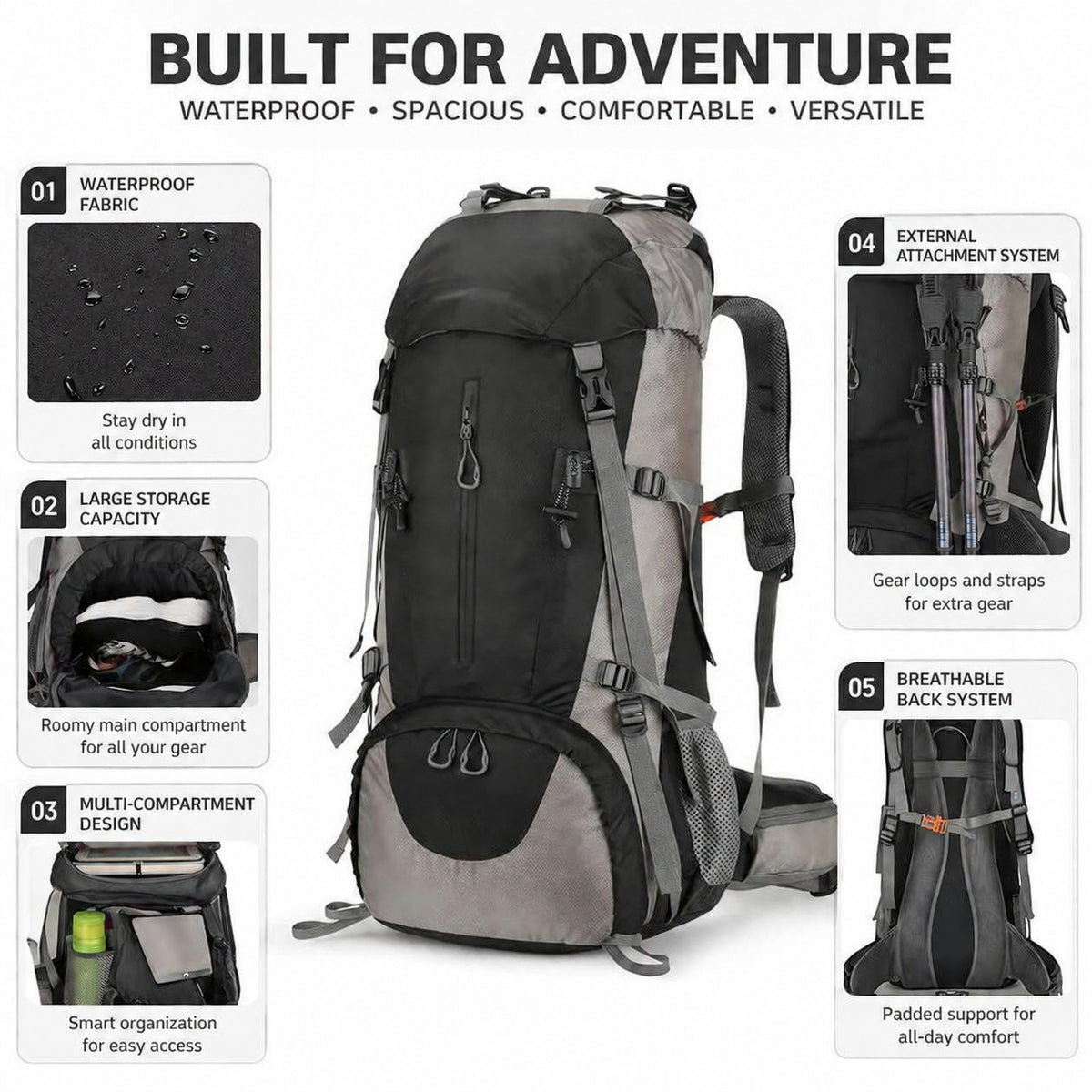 Heavy Duty Trekking Backpack 70L - Lightweight Waterproof with Rain Cover
