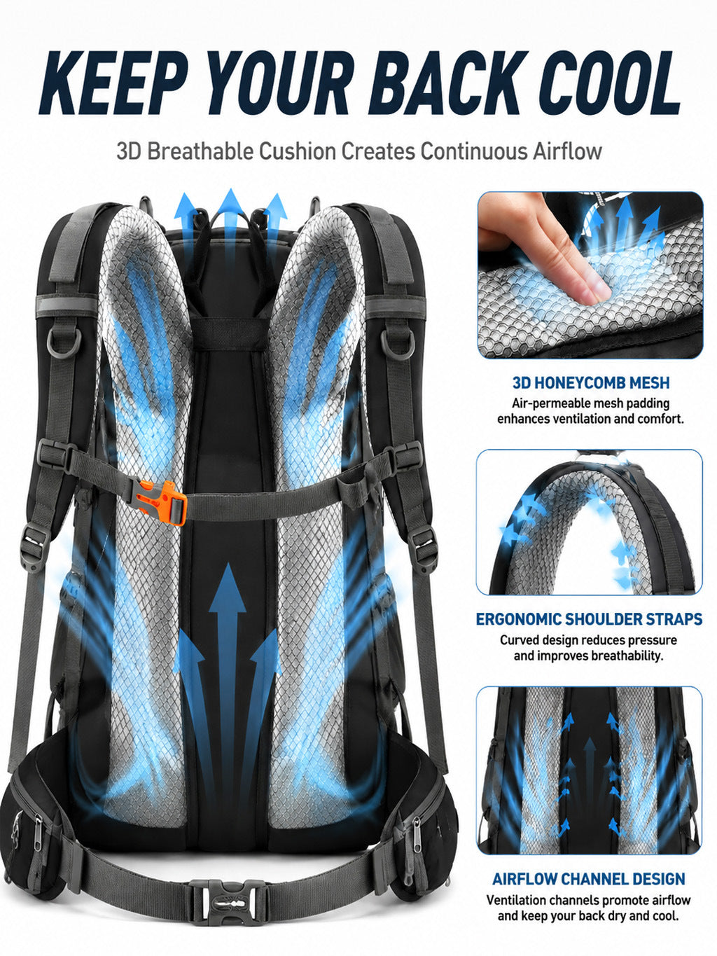 50L Hiking Backpack - Waterproof Lightweight with Rain Cover Camping Travel Mountaineering Daypack