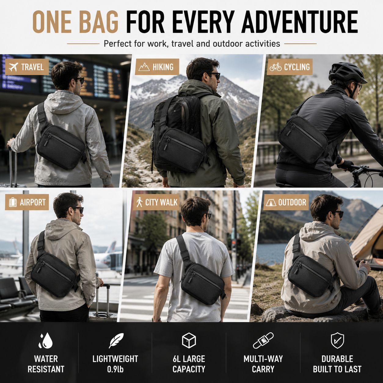 Men's Lightweight Commuter Sling Bag - Customizable Simple Casual Travel Crossbody Waist Pack