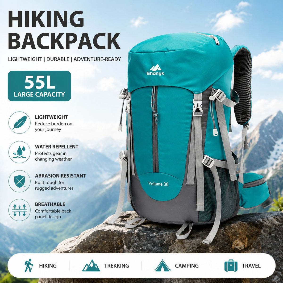 Hiking Backpack 55L - Curved Shoulder Strap Waterproof Lightweight Travel Mountaineering Pack