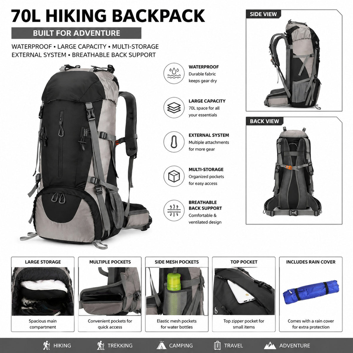 Heavy Duty Trekking Backpack 70L - Lightweight Waterproof with Rain Cover