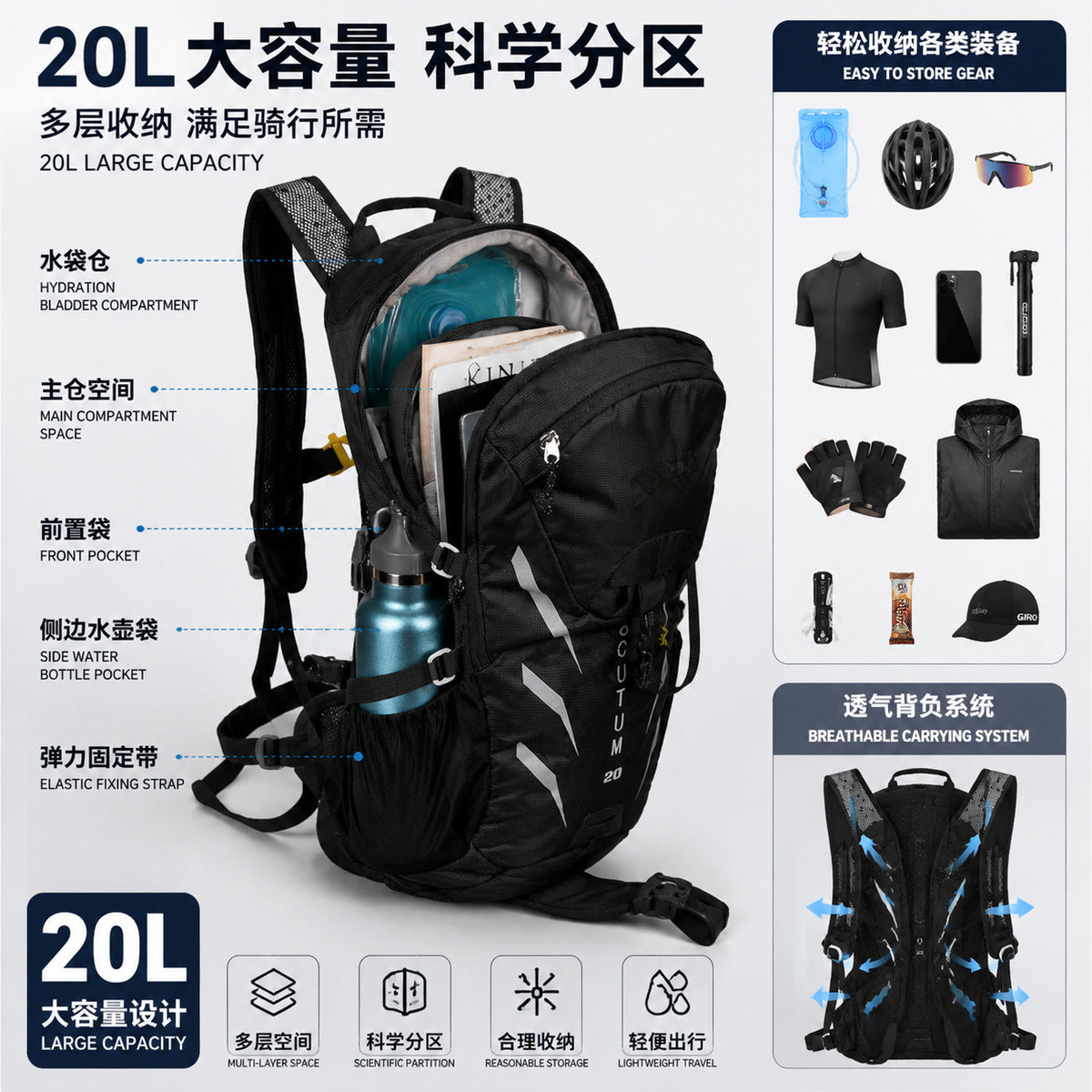 Large Capacity Cycling Hydration Backpack - Waterproof Nylon Breathable Suspension Running Pack