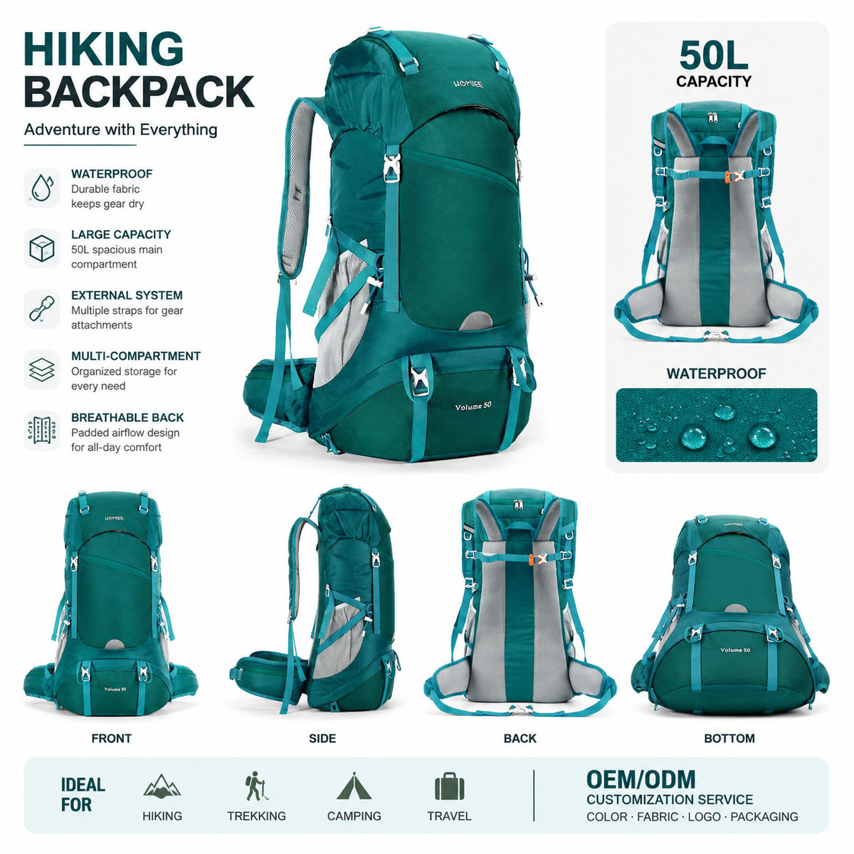 50L Lightweight Hiking Backpack - Waterproof Breathable Wear-Resistant Load-Reducing Camping Travel Pack