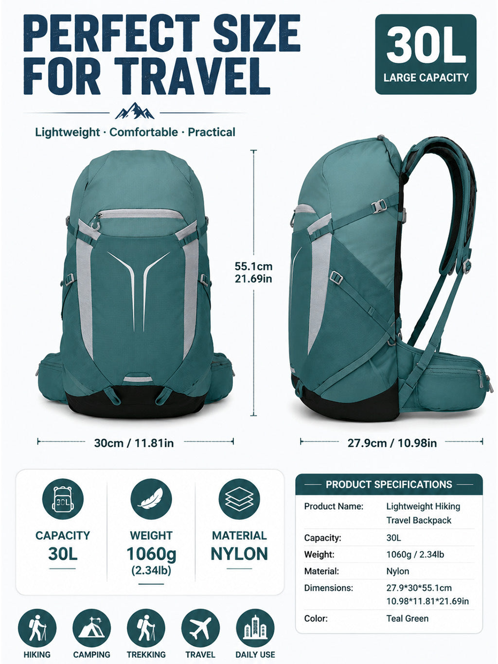 30L Lightweight Hiking Backpack - Waterproof Travel Leisure Sports Large Capacity Unisex Daypack