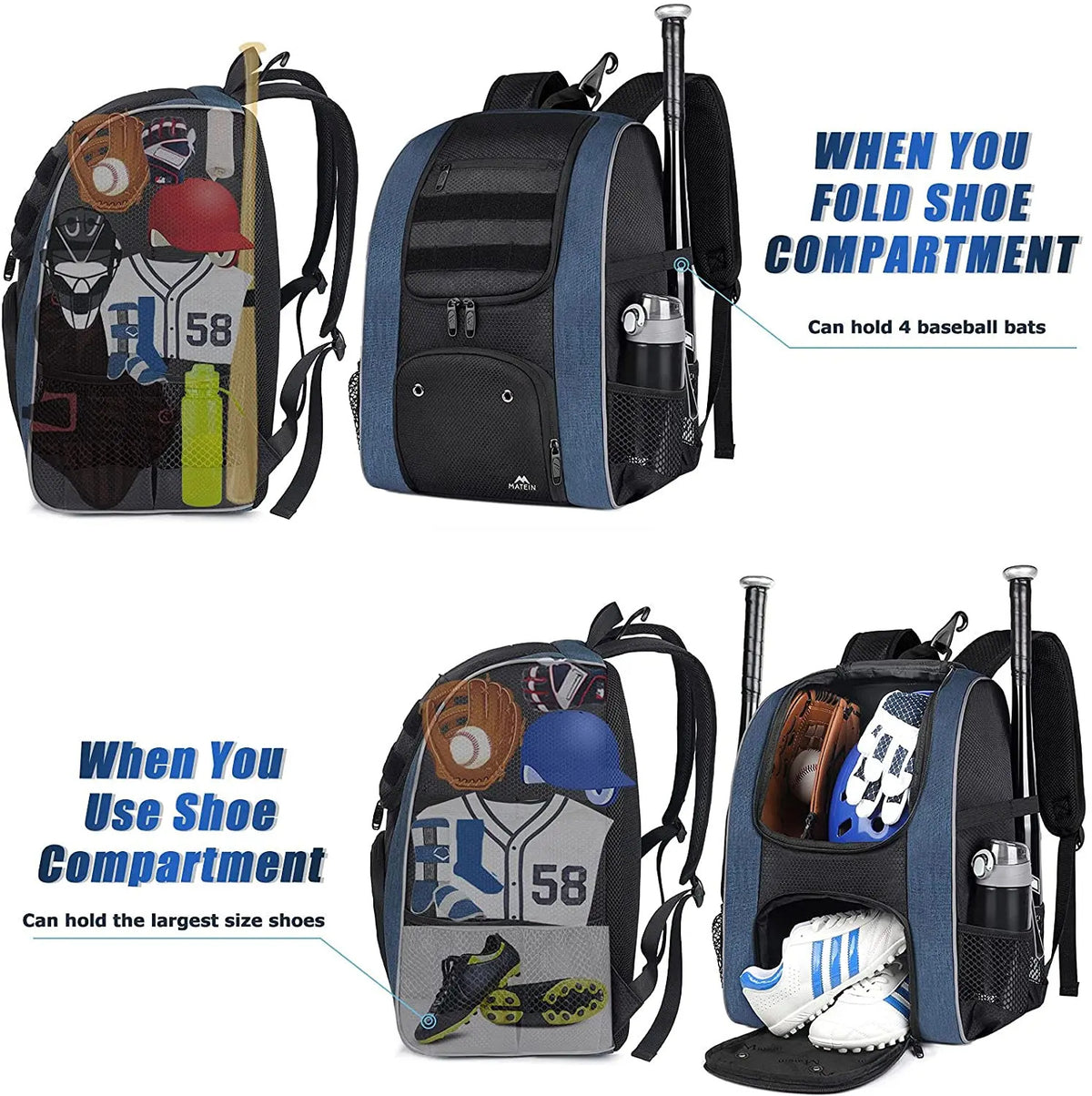 Baseball Softball Equipment Bag - Backpack Style for Kids Adults Training Game Sports Gear Pack