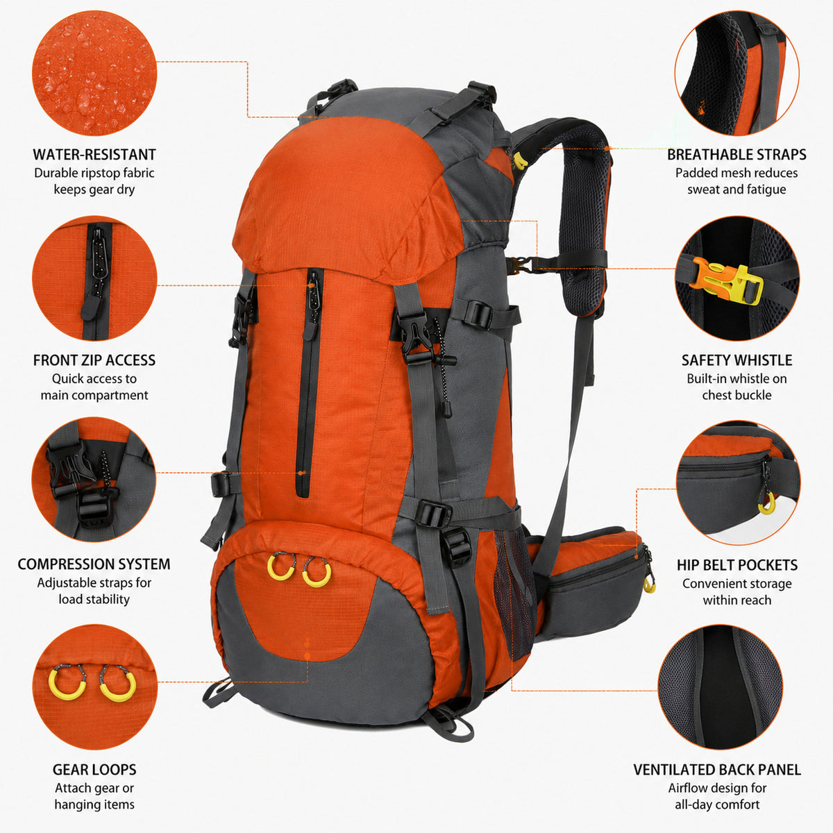 50L Trekking Backpack - Lightweight Waterproof Breathable with Rain Cover Camping Travel Hiking Pack