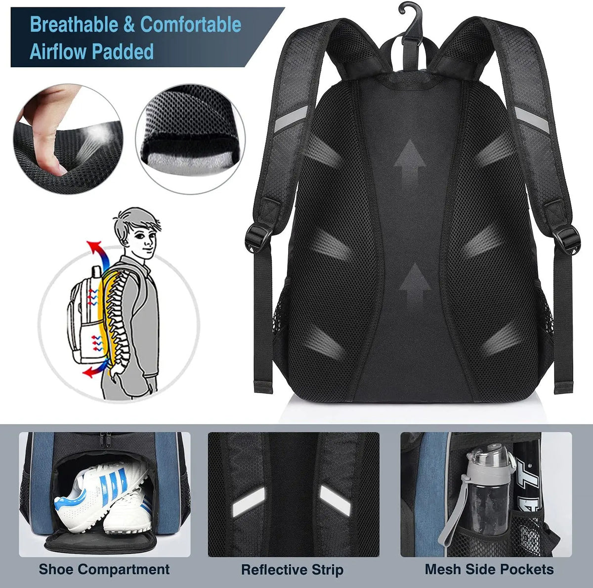 Baseball Softball Equipment Bag - Backpack Style for Kids Adults Training Game Sports Gear Pack