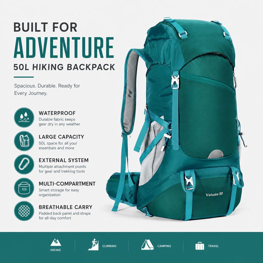 50L Lightweight Hiking Backpack - Waterproof Breathable Wear-Resistant Load-Reducing Camping Travel Pack
